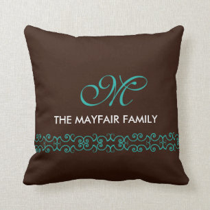 Ornate Brown Teal White Family Monogram Design Throw Pillow