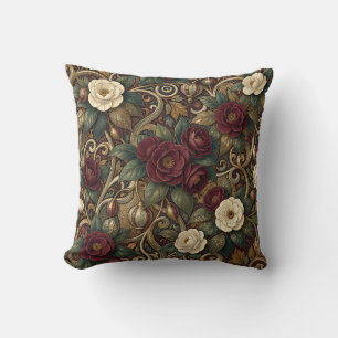 Ornate Burgundy Floral and Gold Lantern Vintage Throw Pillow