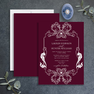 Ornate Burgundy Floral Line Art Monogram Wedding Invitation