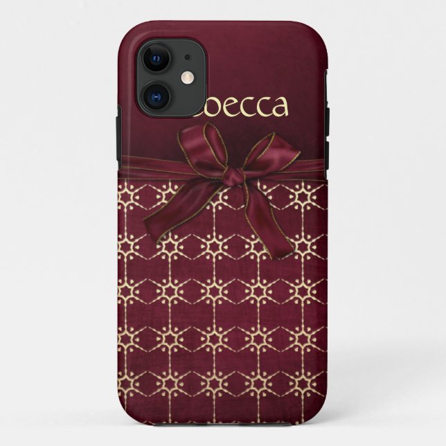 Ornate Burgundy Gold Pattern Ribbon Bow Case-Mate iPhone Case (Back)