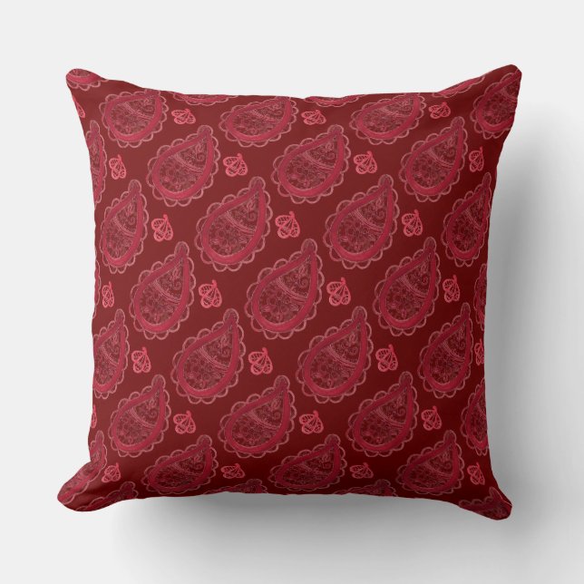 Ornate Burgundy Paisley Pattern Throw Pillow (Front)