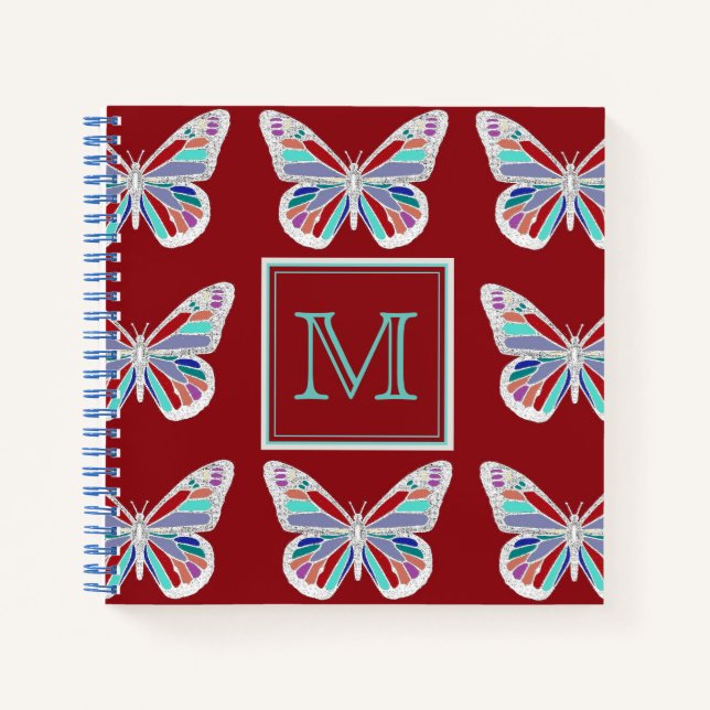 Ornate Butterflies Burgundy Pattern Monogram Notebook (Front)