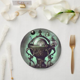 Ornate Cauldron with Green Crystal Ball and Orbs Paper Plate
