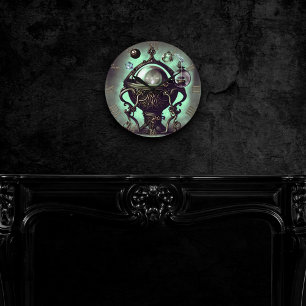 Ornate Cauldron with Green Crystal Ball and Orbs Round Clock