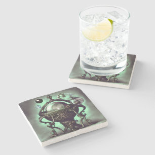 Ornate Cauldron with Green Crystal Ball and Orbs Stone Coaster