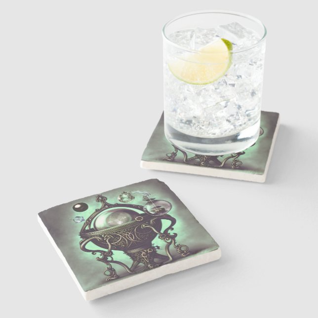 Ornate Cauldron with Green Crystal Ball and Orbs Stone Coaster (Side)