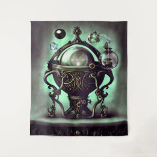 Ornate Cauldron with Green Crystal Ball and Orbs Tapestry