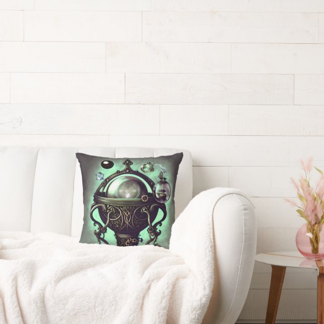 Ornate Cauldron with Green Crystal Ball and Orbs Throw Pillow (Couch)