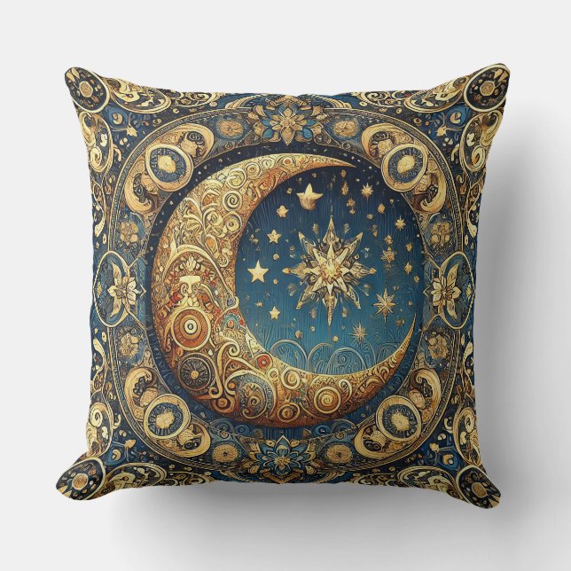 Ornate Celestial Pattern Featuring Crescent Moon Throw Pillow (Front)