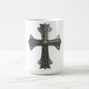 Ornate Celtic Silver Cross with Intricate Knot Pat Coffee Mug
