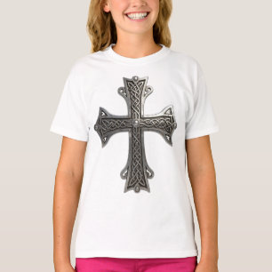 Ornate Celtic Silver Cross with Intricate Knot Pat T-Shirt