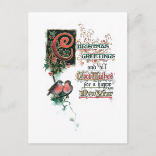 Ornate Christmas Greetings with Robins & Ivy Postcard