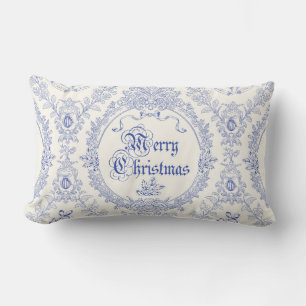 Ornate Classic Vintage Merry Christmas Blue Toile Lumbar Pillow