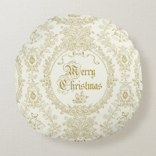 Ornate Classic Vintage Merry Christmas Gold Toile Round Pillow