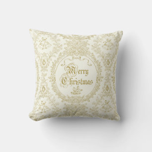 Ornate Classic Vintage Merry Christmas Gold Toile Throw Pillow
