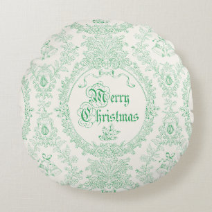 Ornate Classic Vintage Merry Christmas Green Toile Round Pillow