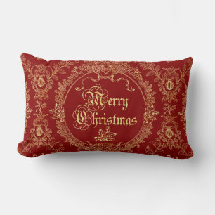 Ornate Classic Vintage Red Gold Merry Christmas  Lumbar Pillow