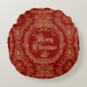 Ornate Classic Vintage Red Gold Merry Christmas Round Pillow
