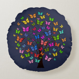 Ornate Colourful Abstract Butterfly Tree Art Round Pillow