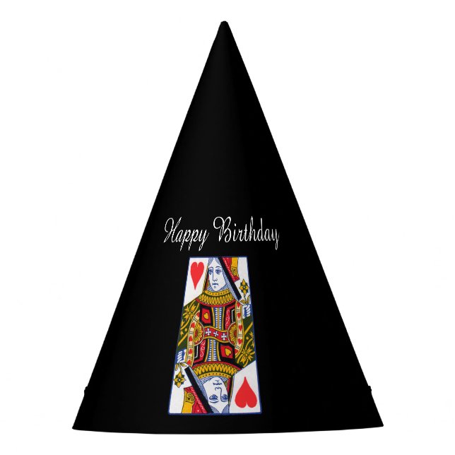 Ornate Colourful Heart Queen Playing Card Black Party Hat (Front)