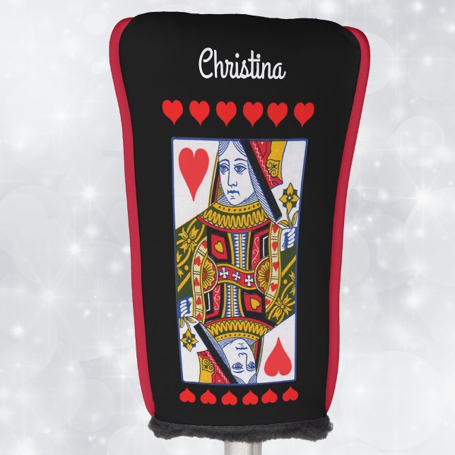 Ornate Colourful Heart Queen Playing Card Hearts  Golf Head Cover (Ornate heart queen on playing card with red hearts on black golf club cover.)