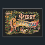 Ornate Colourful Vintage Merry Christmas Typograph<br><div class="desc">Richly embellished Christmas greeting featuring ornate text on a gold banner decorated with holly,  assorted flowers and leaves,  and a cardinal on a black background.</div>