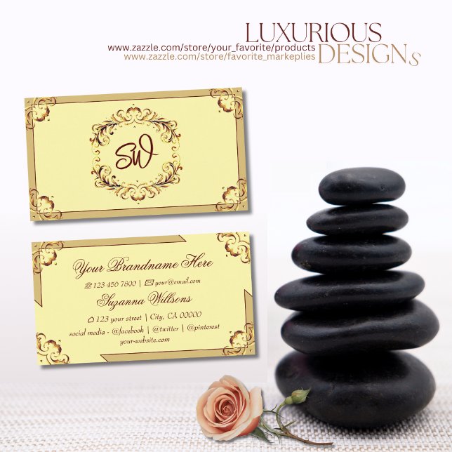 Ornate Cream Beige Gold with Monogram Eye Catching Business Card (Creator Uploaded)