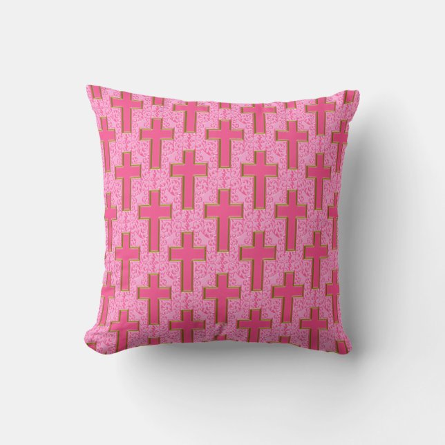 Ornate Cross-22 Pink and Gold Throw Pillow (Front)