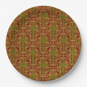 Ornate Cross 23 Red-Gold-PAPER PARTY PLATES