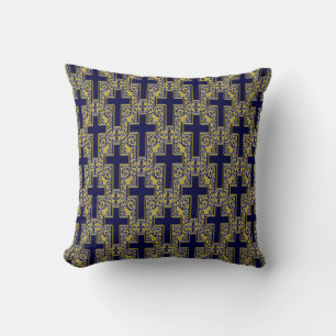 Ornate Cross-24 Blue and Gold Throw Pillow