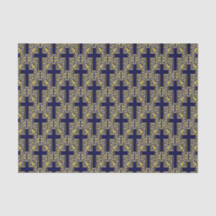 Ornate Cross 24 Blue-Gold-TISSUE WRAPPING PAPER
