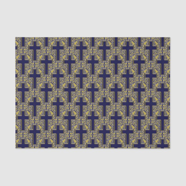 Ornate Cross 24 Blue-Gold-TISSUE WRAPPING PAPER (Front)