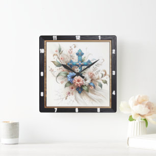 Ornate Cross Floral Elegance Square Wall Clock