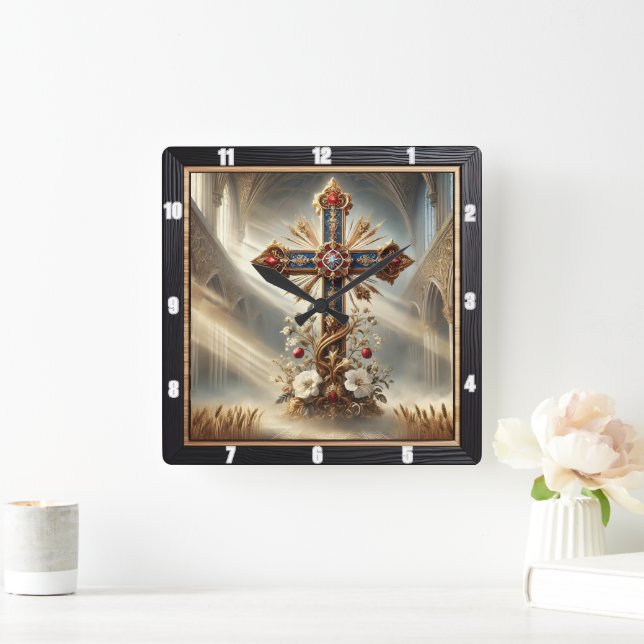 Ornate Cross Gothic Cathedral  Square Wall Clock (Home)