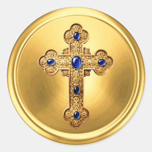 Ornate Cross on Gold Envelope Seal Sticker Blue
