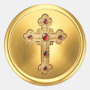 Ornate Cross on Gold Envelope Seal Sticker Red