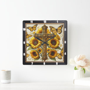 Ornate Cross Sunflowers Butterflies Square Wall Clock
