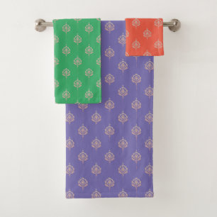 Ornate Damask Pattern in Orange, Purple & Green Bath Towel Set