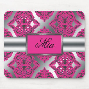 Ornate Damask Pink, Black, Silver Mouse Pad