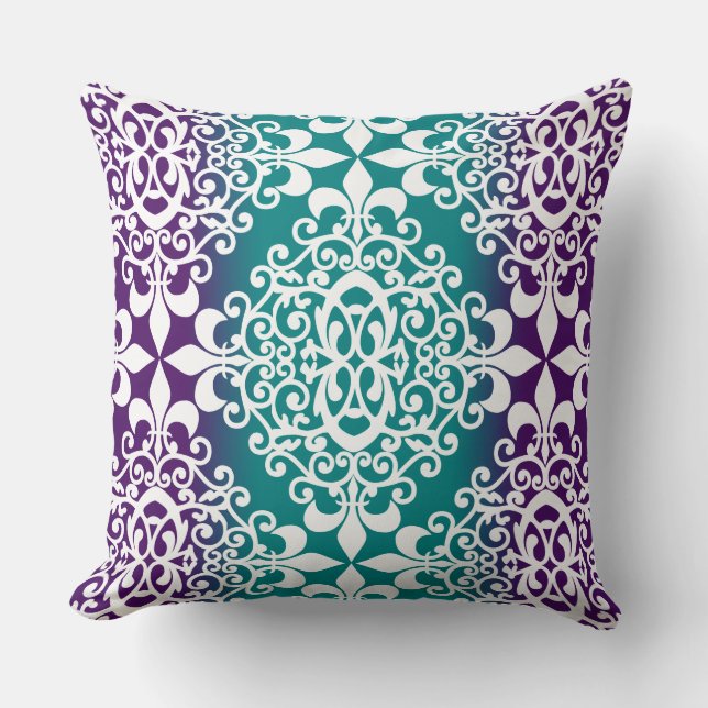 Ornate Damask Purple And Teal Ombre Throw Pillow (Front)