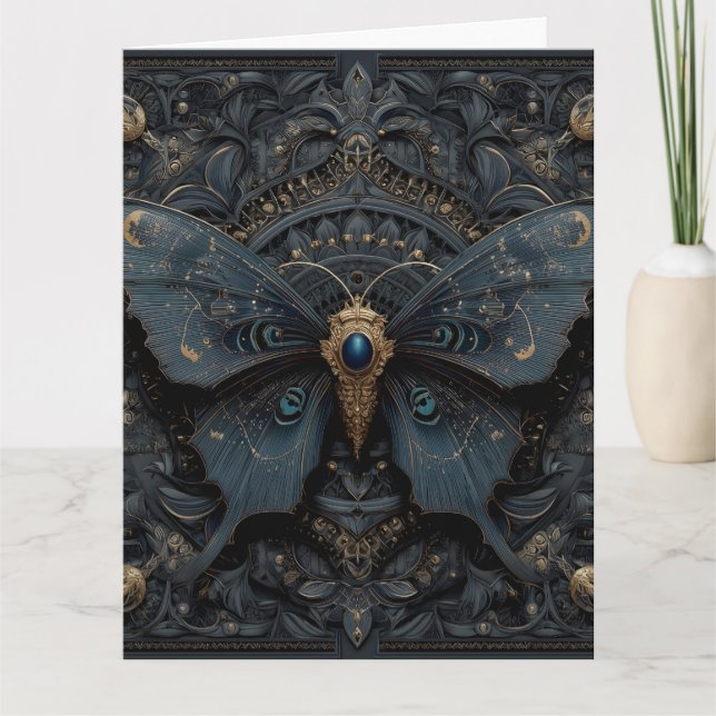 Ornate Dark Blue Butterfly with Gold Filigree  Card (Front)