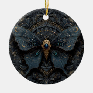 Ornate Dark Blue Butterfly with Gold Filigree Ceramic Ornament