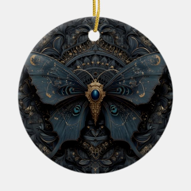 Ornate Dark Blue Butterfly with Gold Filigree  Ceramic Ornament (Front)