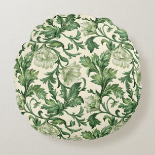 Ornate dark green acanthus leaves pattern round pillow