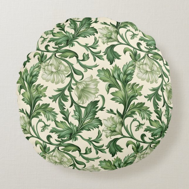 Ornate dark green acanthus leaves pattern round pillow (Front)