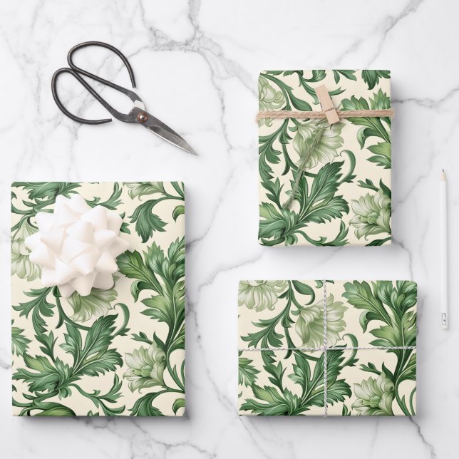 Ornate dark green acanthus leaves pattern wrapping paper sheet (Front)