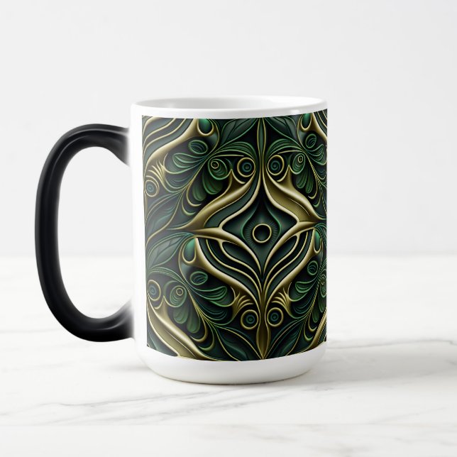 ORNATE DARK GREEN & GOLD ART DECO PATTERN MAGIC MUG (Left)