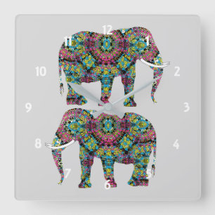 Ornate Decorated Indian Elephant Design Square Wall Clock