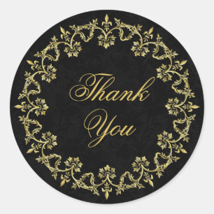 Ornate Decorative Gold Circle on Black Thank You Classic Round Sticker