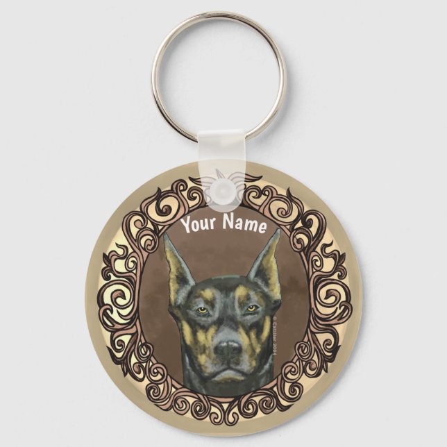 Ornate Doberman custom name  Keychain (Front)